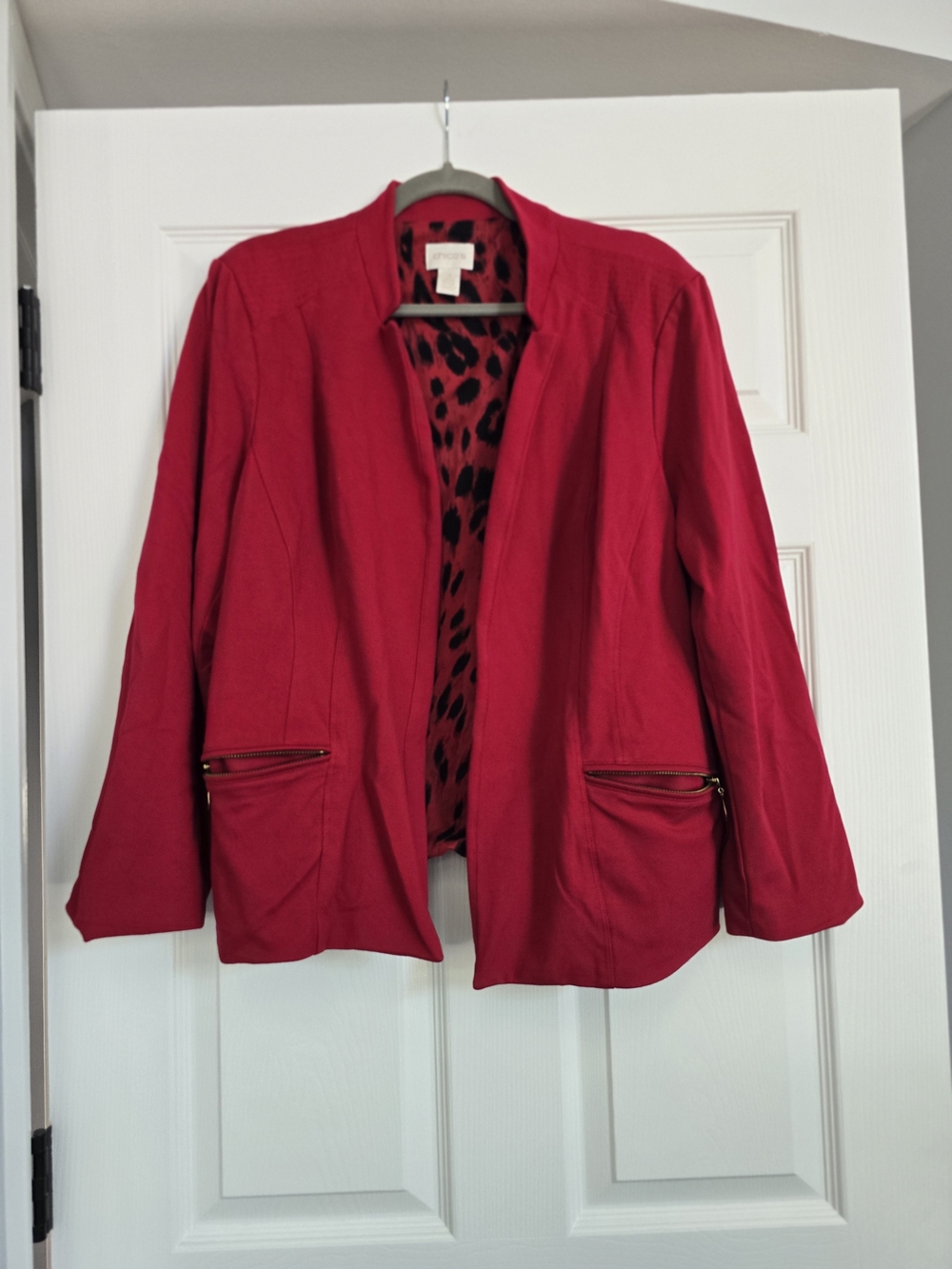 Chico's Red Open-Front Blazer with Leopard Lining